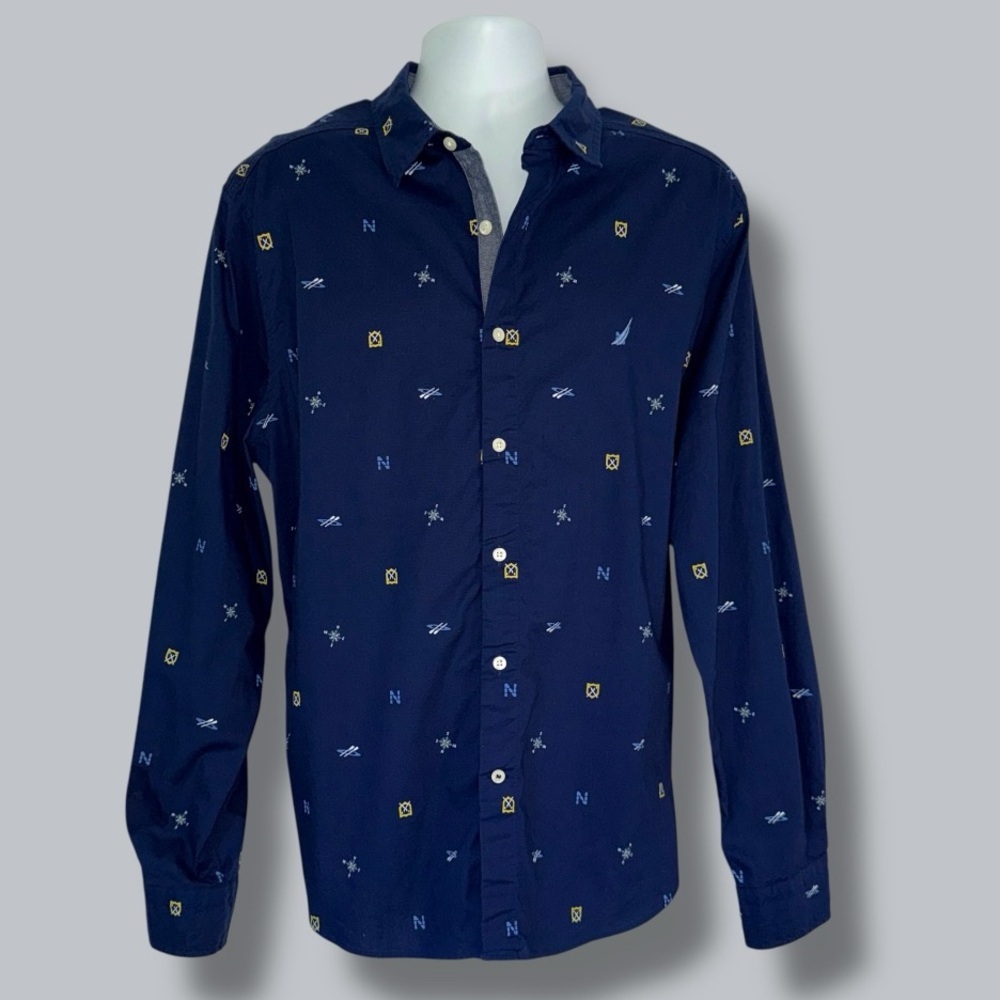 Nautica Classic Fit Stretch Button Down Shirt XL Navy Nautical Print